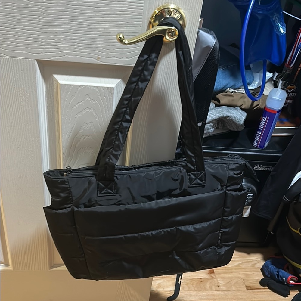 Black Quilted Nylon Tote Bag with Structured Design